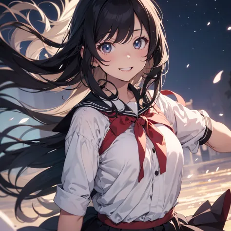 A high-quality anime-style illustration of a beautiful high school girl with long, flowing black hair. She wears a traditional Japanese school uniform (seifuku) with a neatly tied ribbon. Her large, expressive eyes and warm, cheerful smile give her a brigh...