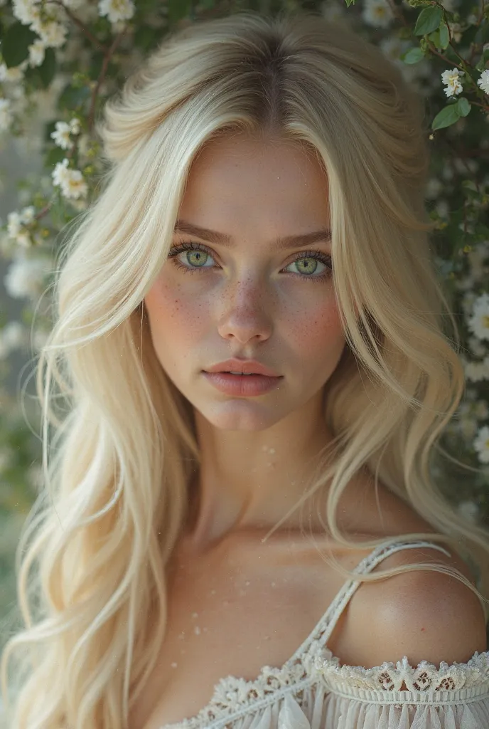 Girl with 20 blonde hair,  green eyes, delicate features, She measures 1'65 she is very delicate and beautiful 