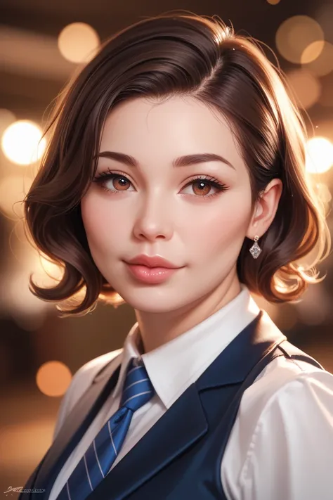 Woman with thick, plump lips, dark brown hair, collected in a tidy bun, warm brown eyes, round face with plump and friendly cheeks, very fat, portrait card, realistic, soft and smooth skin, warm lighting, blurred background, bokeh effect, oil painting port...