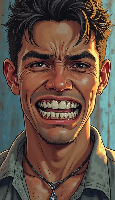 Create a very high quality image, in drawing, old comic book style, GTA6 style: Face of a young man with a disgruntled smile on his mouth and a deep sadness in his eyes, an image with lots of details, blurry background