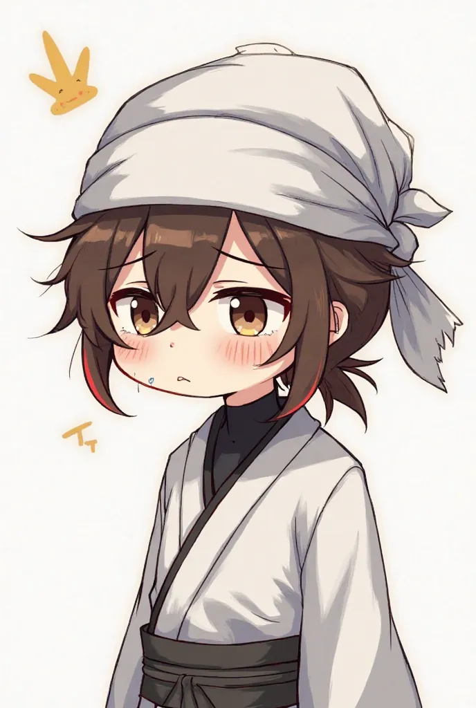 A chibi version of a man, brown hair like his eyes and with a bandana that covers the top of his head completely. His messy but at the same time slightly arranged bangs on his face, leaving his eyes slightly visible. He has a white kimono tied tightly, but...