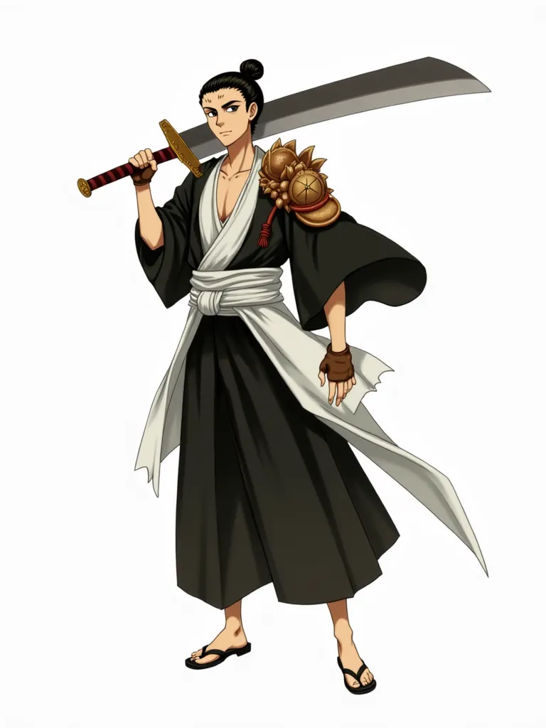 anime style, Tall and athletic man , brown skin, creepy black hair tied, Wide Face, Shihakusho preto, A gourd around the waist, brown samurai gloves and shoulder pads,A big and giant sword