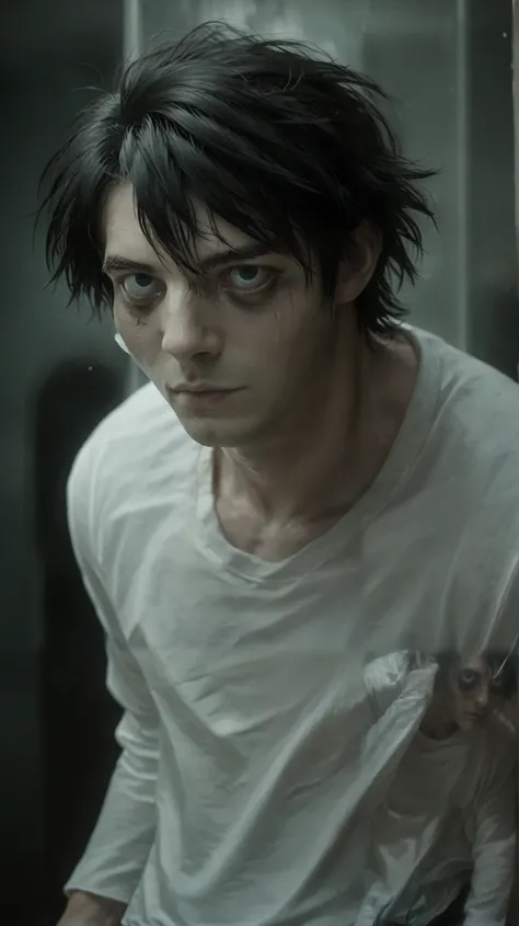 l_lawliet, bags under eyes, solo, 1boy, male focus, black hair, shirt, upper body, black eyes. looking at viewer, white shirt