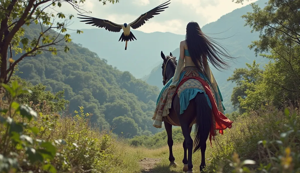 "Princess Among" (A white woman with long black hair is wearing a long tribal-looking dress that is blue on top, has a long-sleeved dress, and a red dress on the bottom view from her back), black horse, Tula, and white and black Hornbill,  Zulu flying abov...