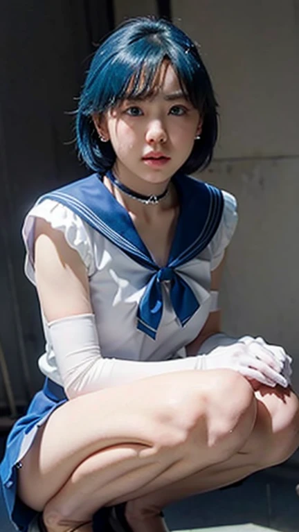 masterpiece、high quality、High resolution、Realistic、professional lighting、Japanese、woman、cute、young、White skin、slender、,(Blue Hair:1.3), short hair,  (Nice hands, sexy, slim, Large Breasts, skinny, Tight waist, Human Anatomy:1.1)blue eyes, Sailor Warrior Un...