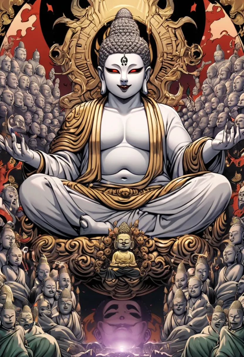 buddha, devil face and horns, black magic, Buddha like a Buddha, body like a Buddha,  God's Power, Thousand-Armed Kannon