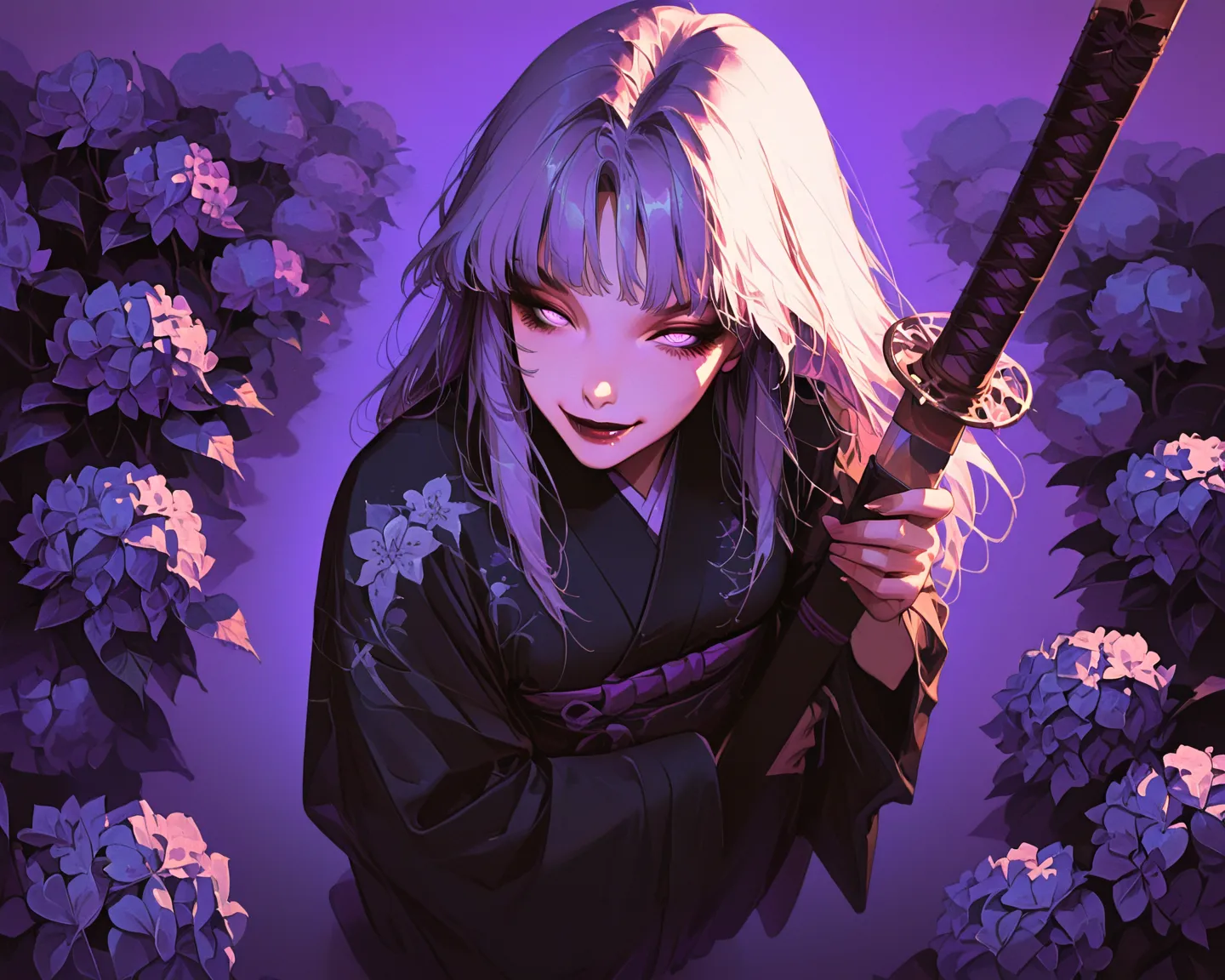 masterpiece, best quality, (masterpiece, best quality,  (detailed eyes), (detailed face), A katana, simple background, Gradient Background, Purple Background,
naughty smile, frizzy stomach、( detailed lighting), Rim Lighting, sharp concentration,black kimon...