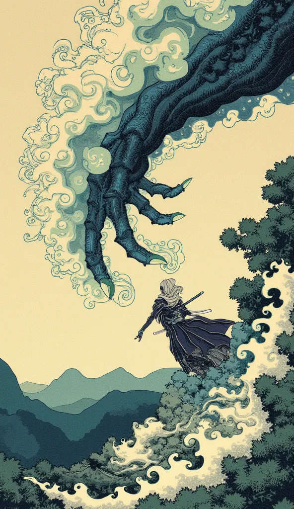 an ukiyo-e depiction of a giant Powerful Demonic Flying Hand fighting against a goddess unknown hooded strawhat swordwoman. both figures have japanese motif of curly cloud swirling on their body. 