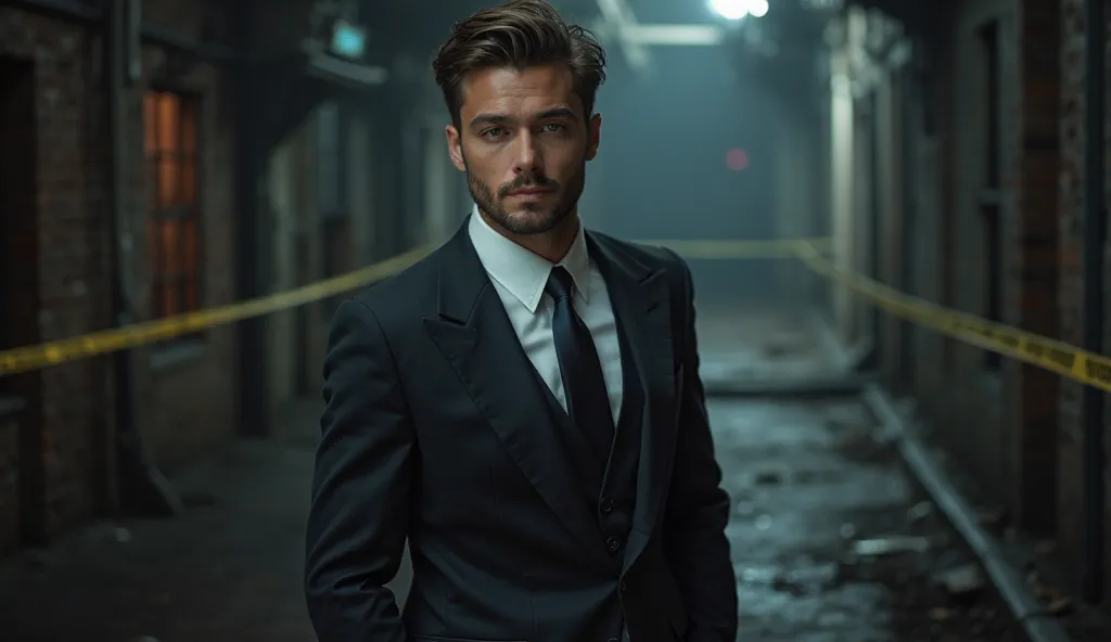 "A young, sophisticated businessman in his early 30s, dressed in a sharp, tailored suit, with a confident and professional demeanor. He has well-groomed hair and a calm yet assertive expression. The setting is a dark, crime scene-like background, with dim ...