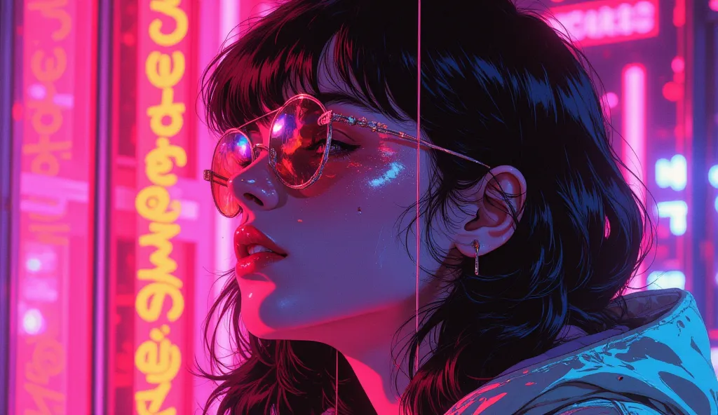  high quality, 8K ultra HD, Una hermosa MUJER con chaqueta y lentes de sol double exposure que combina una silueta de mujer con una diamantes,  las partículas de neon should serve as a backdrop,  with its details incorporated into the woman , sharp lines, ...