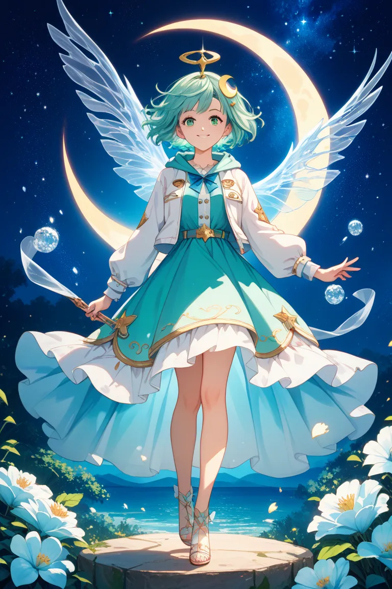 One Girl、 Full Body Standing Picture 、Lovely Playful Magical Girl, summer night, The Wizard of Wind Chimes, Dress with Tie, Hoodie Style Jacket, Aqua Blue and Navy Color Scheme, Round, Fluffy, Short Hair, emerald green eyes, mischievous smile, Transparent ...