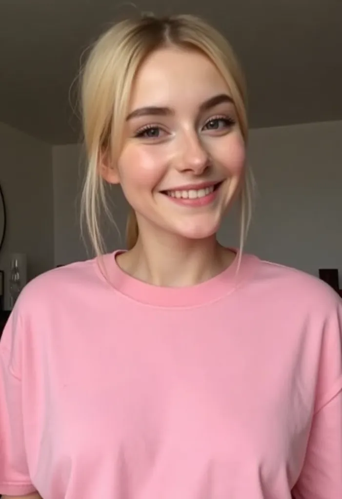 d1g1cam, amateur photo, Low-resolution photo, shot on a mobile phone, noticeable noise. young woman, late 20s casually dressed in an oversized pink T-shirt, happy expression, her blonde hair loosely tied back. Her face partially shadowed, minimal makeup vi...