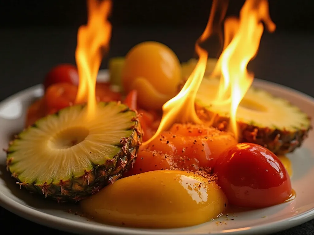 A colorful and vibrant fruit platter featuring fresh tropical fruits, including pineapple, mango, and papaya, with a dramatic touch of flames. The heat enhances the natural sweetness of the fruit and adds a visually captivating element to this exotic desse...