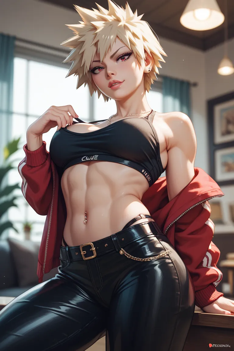 Katsuki Bakugou sexy female version without clothes provocative pose 