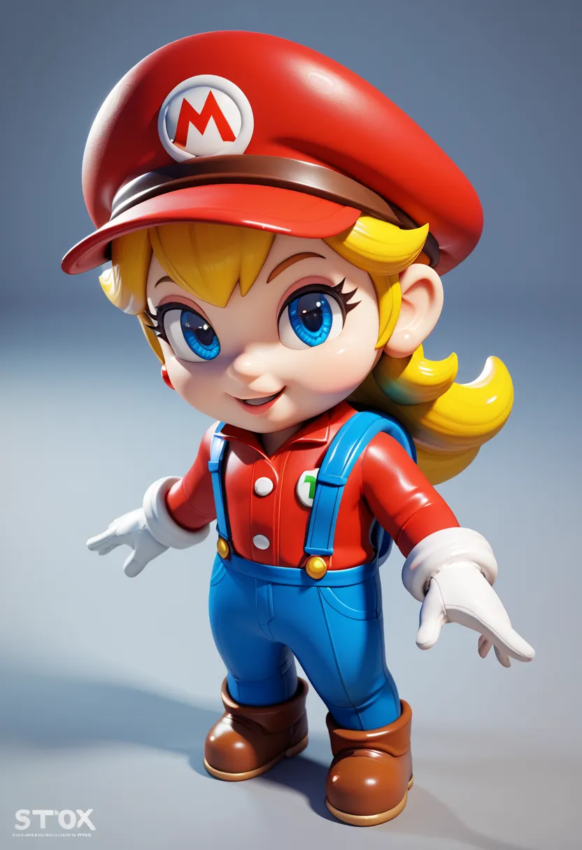 (Mario), character design, Nintendo Super Mario, (blue eyes, red hat, red suit, blue suspenders, white gloves, )super cute blind box style, chibi, full body, exaggerated expressions and actions, clean background, bright iridescent highlights, studio lighti...