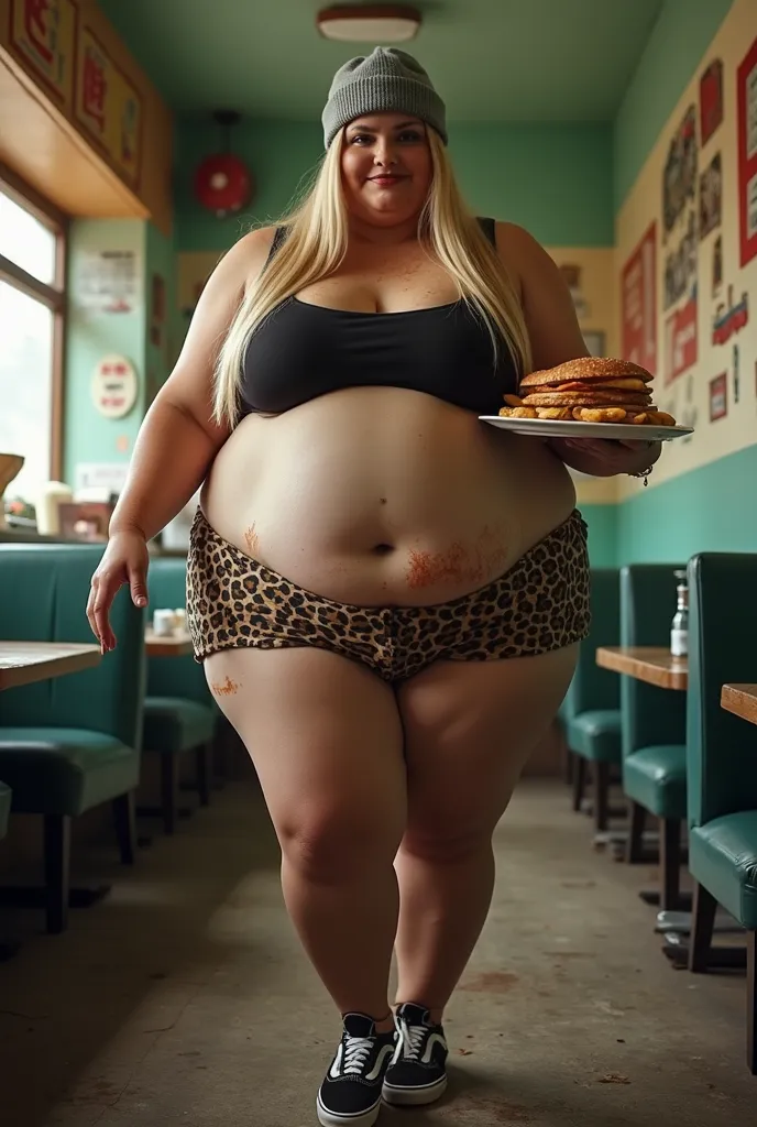 My POV first person view, in a run down cheap restaurant watching a huge enormous gigantic extremely fat extremely overweight morbidly obese world's fattest sloppy slovenly unkempt young girl who is carrying a plate piled high with food while looking at th...