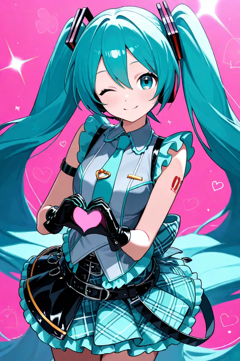 1 girl, vocaloid ,Hatsune Miku,Turquoise Blue Long Twin Tails,miniskirt,sleeveless,tie,headphones,black leather gloves,pretty girl,cute,smile,wink, virtual idol ,Heart in hands