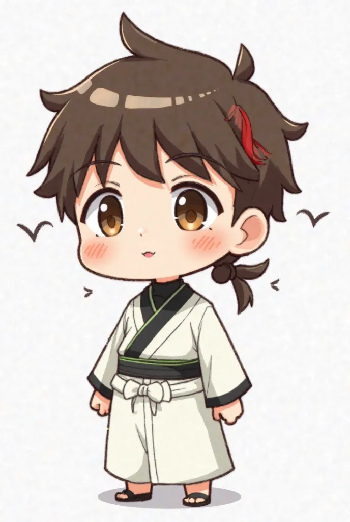 A chibi version of a man, brown hair like his eyes and with a bandana that covers the top of his head completely. His messy but at the same time slightly arranged bangs on his face, leaving his eyes slightly visible. He has a white kimono tied tightly, but...