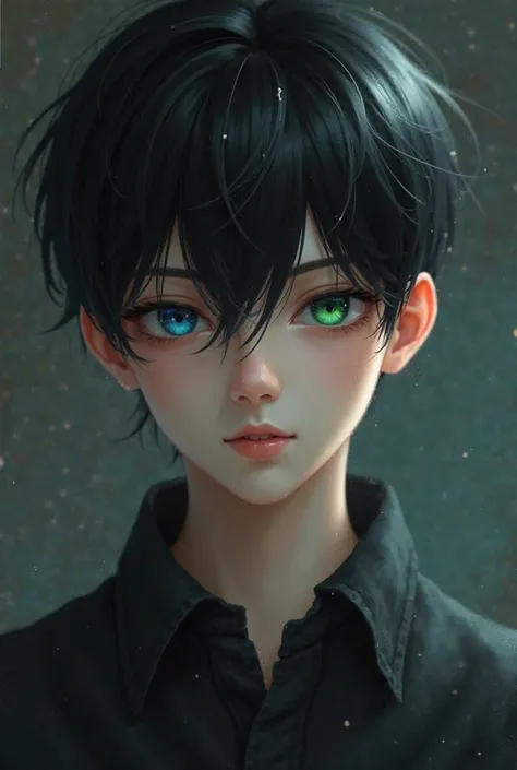 Create a book-cut black-haired boy, with heterochromia realistic style