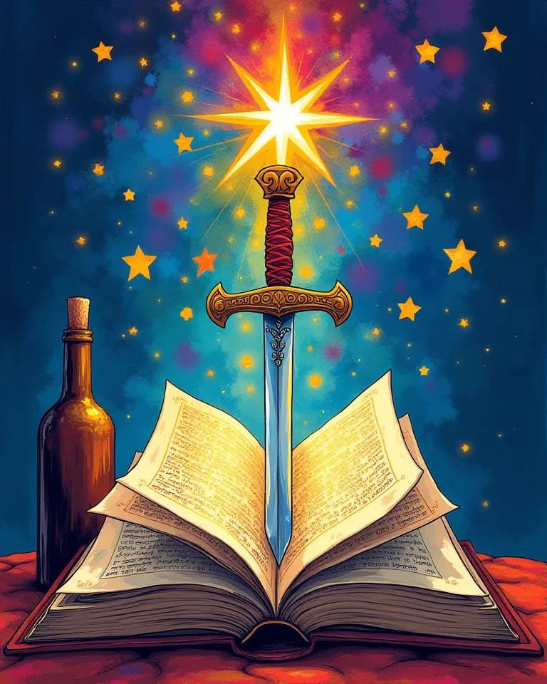 Drawing from an open Torah book. Stars come out of the book, colorful lights, A sword,  a bottle of wine. illustration feito com giz de cera, loose strokes and vibrant colors, with doodles and visible rubber marks. illustration  