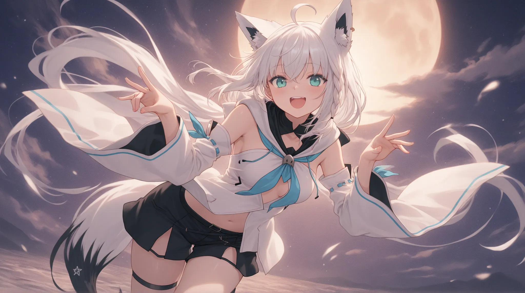 Please create an illustration based on the following characteristics。
・AI anime-style illustrations
・Delicately depicted beautiful girl characters
・Design incorporating fantasy elements
・Shirakami Fubuki
・Hololive
・Vtuber
・Fox pose
・Big smile
・Jumping
・
・
...