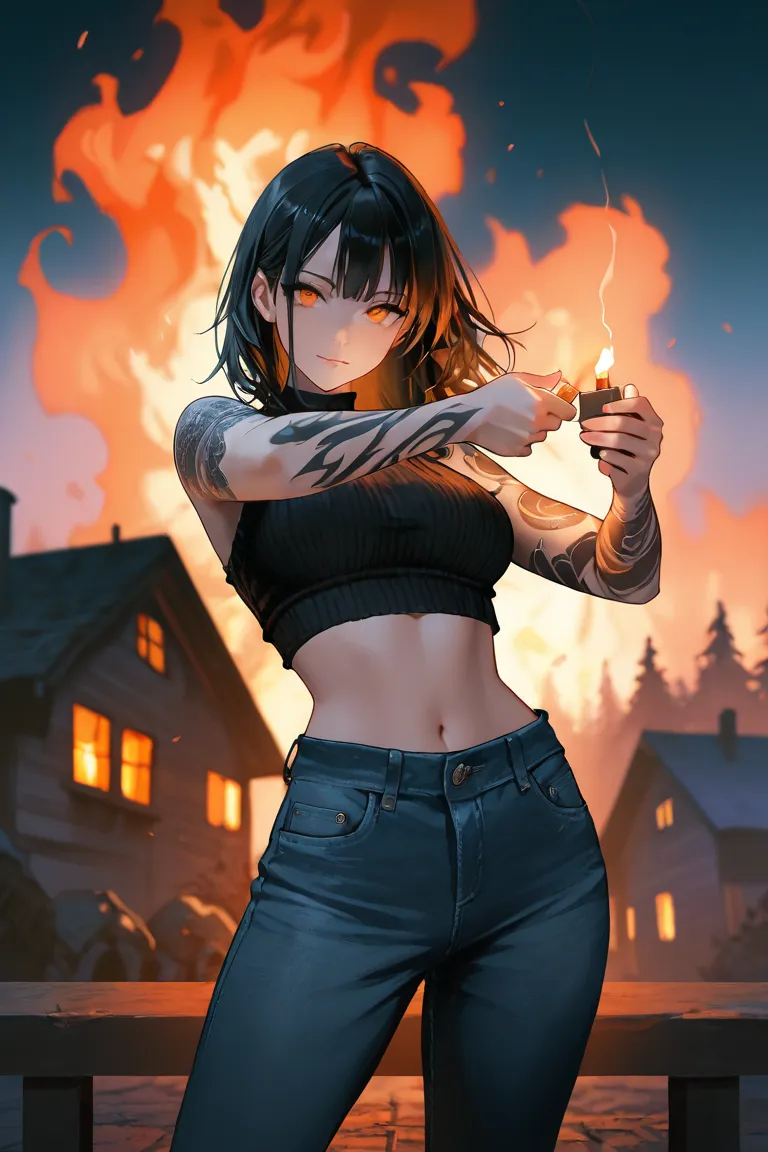 beautiful girl, attractive, top quality, masterpiece, orange eyes, black hair, knitted crop top, denim bottom, cinematic shot, dark ambience, dynamic pose, mysterious, burning house background, holding a lighter, wearing a cap, has black tattoos