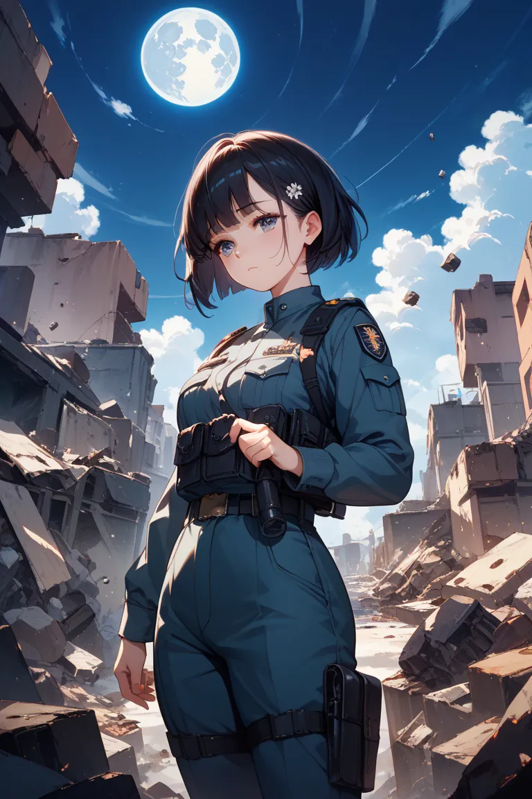 Beautiful girl standing in the rubble。 short cut black hair 。Combat Uniform。Sad expression。night。illuminated by the full moon。