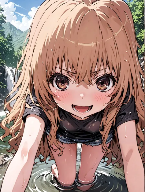 score_9, score_8_up, score_7_up, source_anime,
Taigaisaka, Aisaka Taiga,Alone, long hair, brown hair, brown eyes,ponytail,smile,open your mouth,plain black t-shirt,belly button sticking,Tie the hem of the shirt,denim micro shorts,Bare legs,wet skin,wet ha...