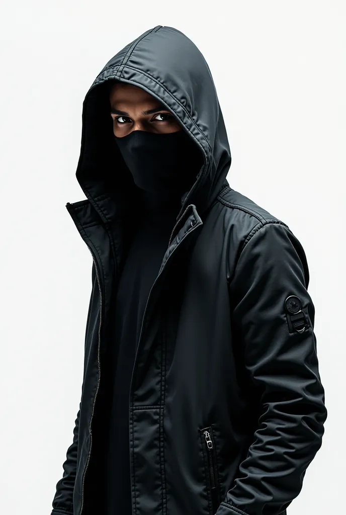 high quality hacker with a black colour jacket hood side view in white background 