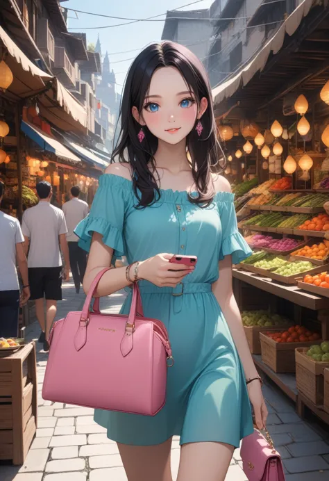 tall young woman, walking along bazaar, (carrying pink purse), (holding a smartphone), BREAK, (black hair, long straight hair, forehead, swept-side bang), BREAK, ((dark-aqua short sleeves off-shoulder with lavender trim, lavender top straps), ((camouflage)...