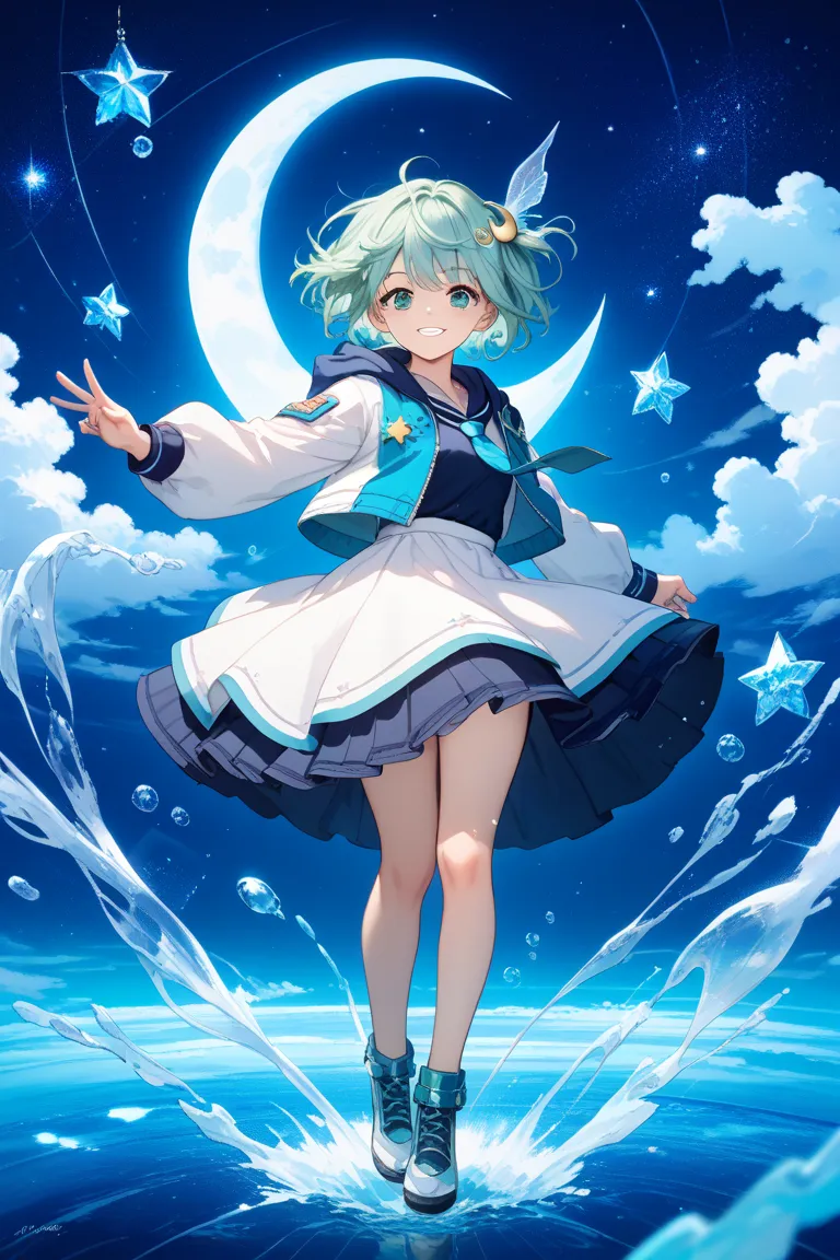 Adorable playful magical girl, summer night, The Wizard of Wind Chimes, Dress with Tie, Hoodie Style Jacket, skirt length is short, aqua blue and navy color scheme, Round, Fluffy, Short Hair, white pale blue (RGB 239, 249, 255) and aqua blue (RGB 38, 202, ...