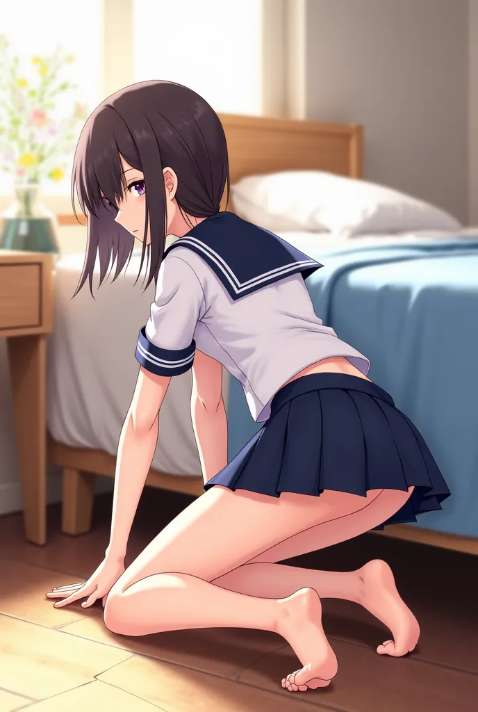 Schoolgirl anime girl with a very short skirt, It seems to be looking for something under the bed, and apparently has no bra and you can see her beautiful feet apparently turning her back on you