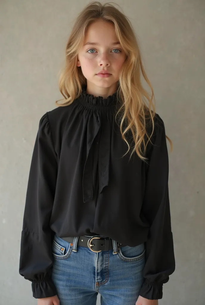 A 16-year-old girl,  beautiful, blonde, she wears jeans and a black blouse with long sleeves and a high collar. She has an upright posture looking at me seriously, arms extended normally without pose. 