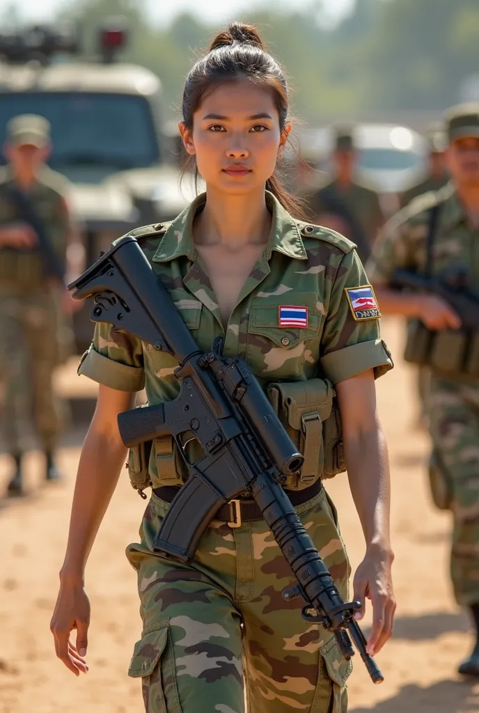 realistic full body image of a Thai female soldier with a confident and focused expression walks forward in a military training field. She wears a highly detailed camouflage pattern uniform with short sleeves, fitted to her form, featuring Thai flag patche...