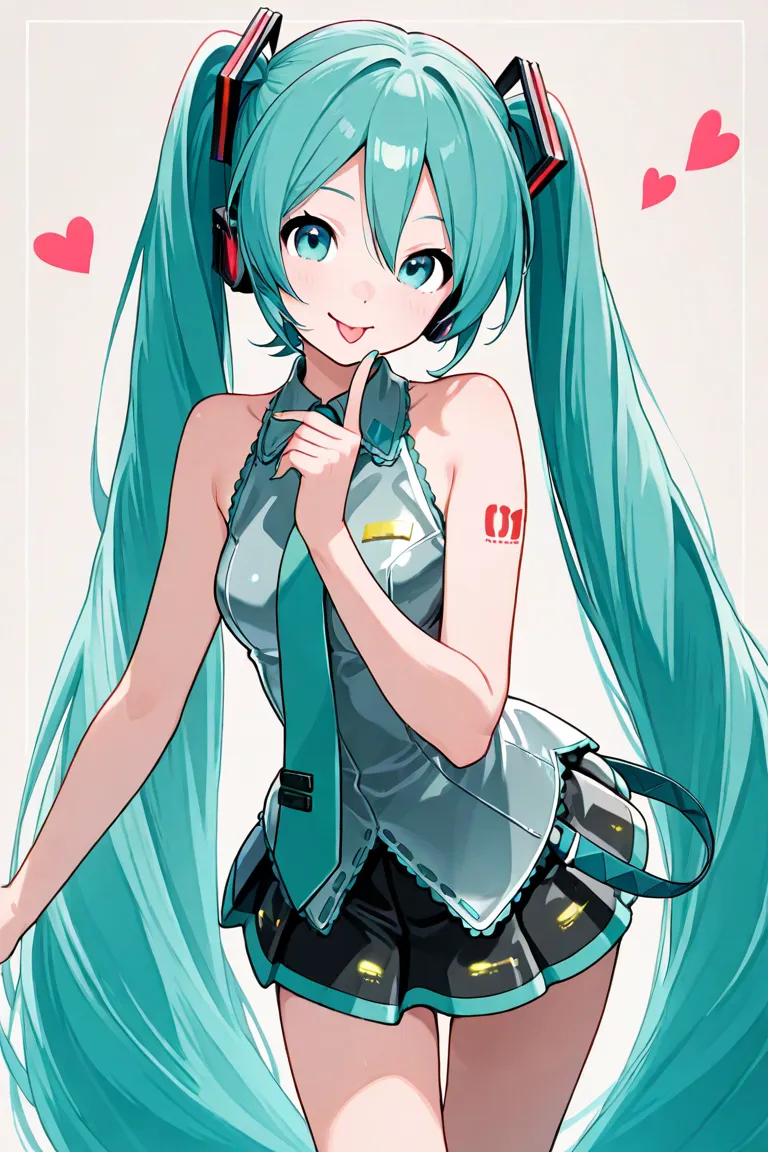 1 girl, vocaloid ,Hatsune Miku,blue-green long twin tails,miniskirt,sleeveless,tie,headphones,pretty girl,cute,smile,sticking out her tongue, virtual idol 