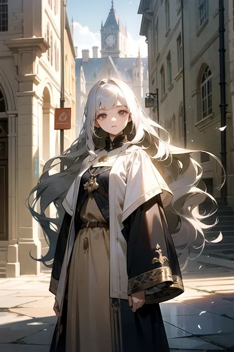 White-gold hair、Platinum Brand 、long hair、long wave hair、dark eyes、One cute girl 、noon、 medieval cityscape、Town Girl's Clothes 、civilian、pretty girl、 clear、 is so lovely、standing alone、