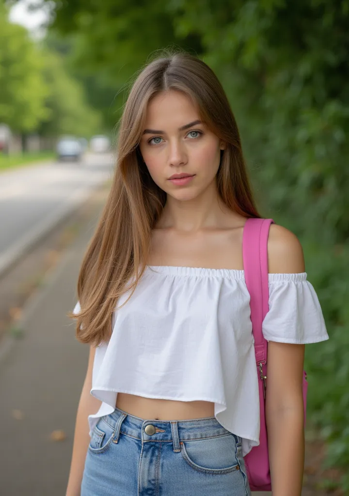  Very Beautiful Girl , With a crop top, And a school bag. She has very nice hair, European, Aged 19 She is in front of the camera. She has a little makeup that makes her very beautiful. It is perfect as a crop top