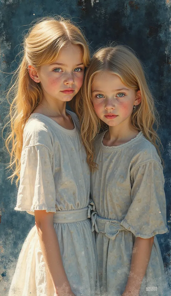  Deux jeune filles de 11 ans jumelle blonde primtemps réaliste s’enlacent realiste dans un style de peinture à l'aquarelle transparent, Eyes safe and   se concentrered .realiste ,faire preuve de prudence、 dangereux: 。Ses mouvements sont agiles、   se concen...