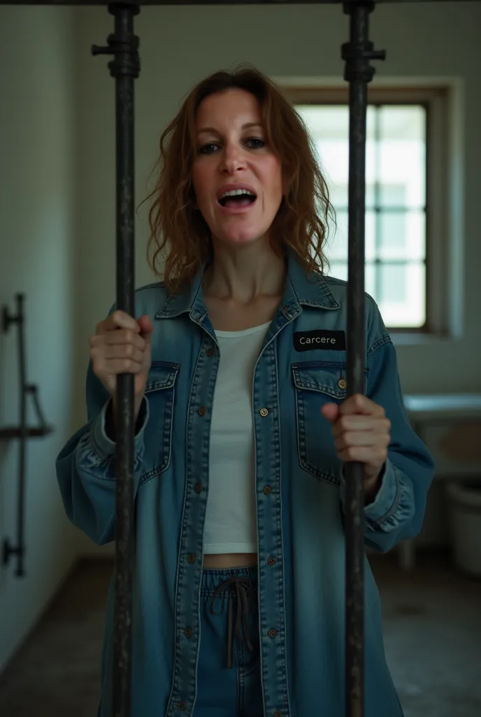 A barred door of a prison cell. The bars are thick and frequent, horizontal and vertical. The cell features a barred window letting in a ray of light, a metal toilet and a small bed. Realistic photography of a young woman who stands behind the bars. The yo...