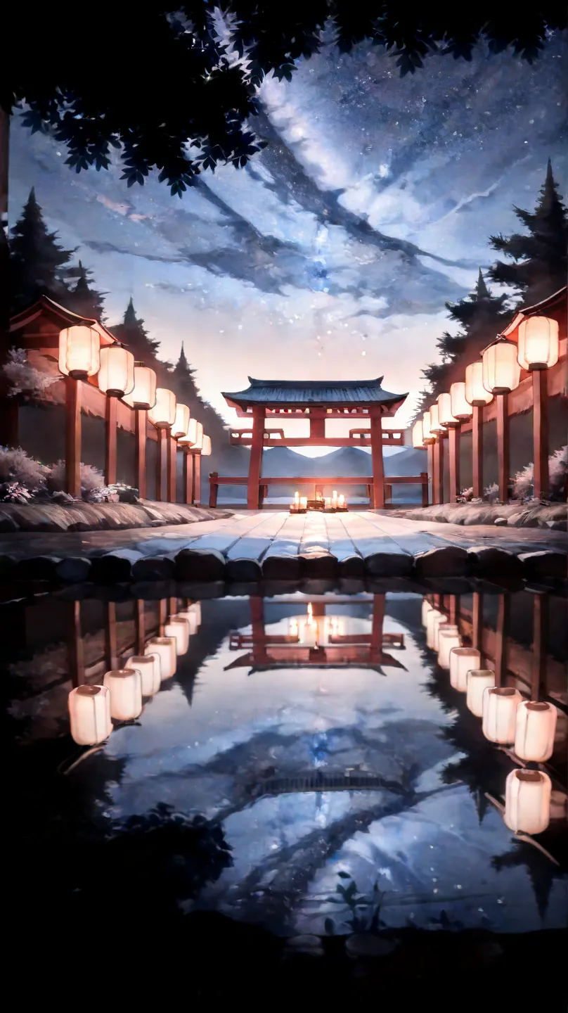 Night landscape, inspired by japanese art, with a garden, illuminated by paper lanterns, and a wooden bridge across a calm lake. The starry sky is reflected in the water., creating a magical environment. on the lake shore,  There is a small Zen temple, Lit...