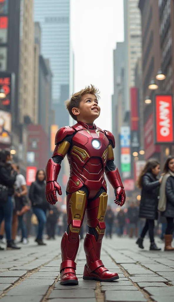 boy ironman looking surprised and happy on a sidewalk in a city