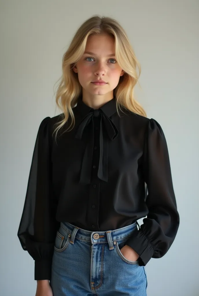 A 17-year-old girl,  beautiful, blonde, She wears jeans and a black blouse with long sleeves and a high collar. She has an upright posture looking at me seriously, arms extended normally without pose. 