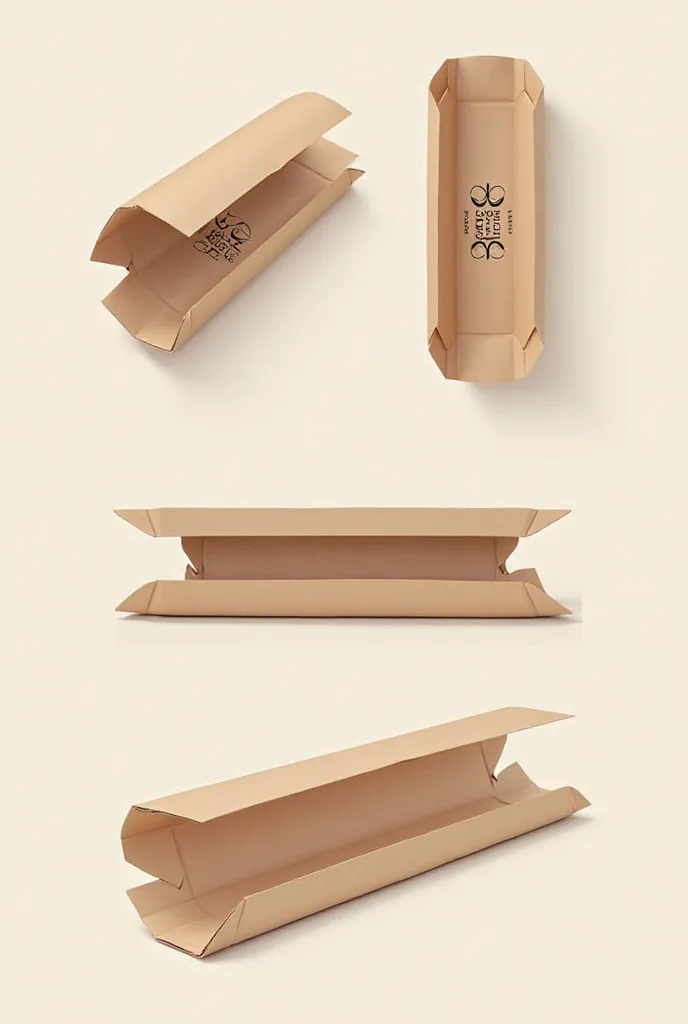  Generate four different views (front, side, top, and perspective) of a flat, elongated clamshell-style hotdog box made of eco-friendly kraft paper. The box should have a unique branded design with a modern logo, simple graphics, and a subtle heart-shaped ...