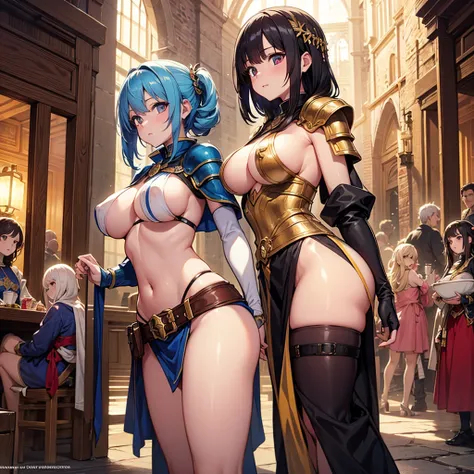 sideboob, underboob, safe, High quality, super detailed, best quality, highly detailed, beautiful, masterpiece, vibrant colors, shiny skin, perfect anatomy, female group, harem, knights, armor, medieval, fantasy, pouches, big boobs, 