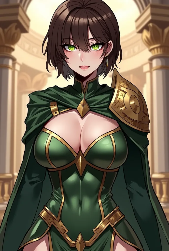 Create me an image in the Korean manwha fanart anime style with a woman of Greek origin with green eyes and medium-short brown hair with bangs with a serious expression with a voluptuous body, Big-breasted and muscular and tall with the beauty of a goddess...