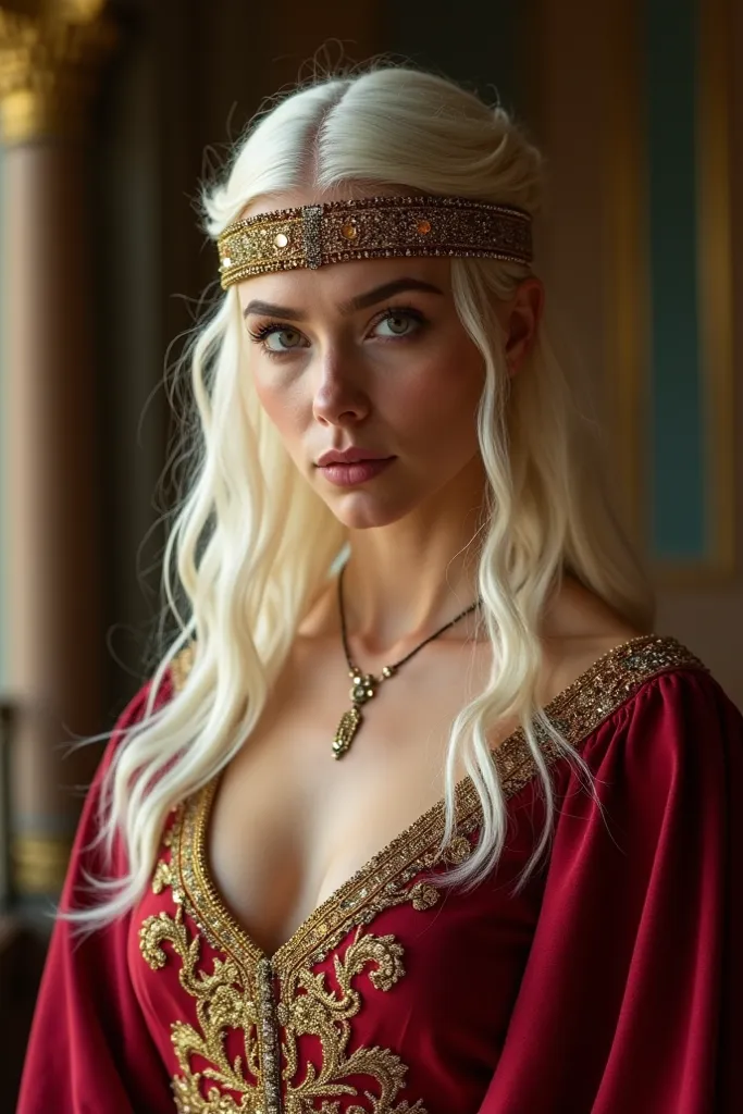 Viserra Targaryen being played by Argentinian actress Valentina Zenere "platinum blonde hair with golden sparkles and violet eyes" wearing a red dress with gold embroideries from the Vincentian era, She wears a headband-like crown on her forehead.
I want a...