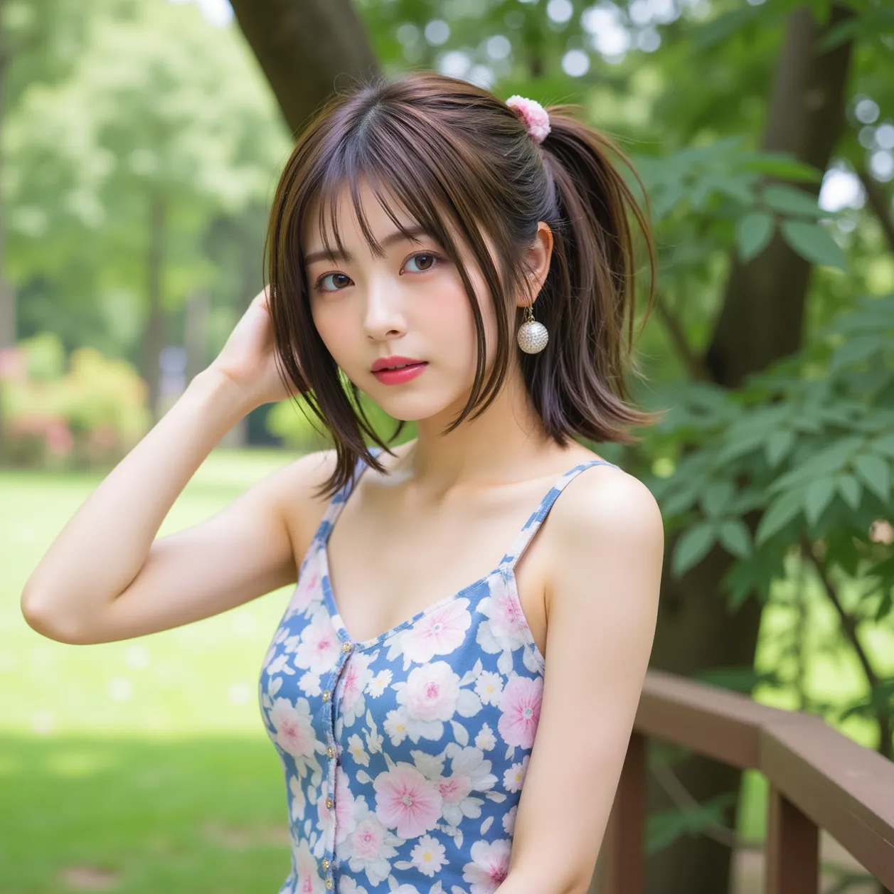 8K wallpaper,hidden hair,  side ponytail, big breasts, Big Breasts,earrings, necklaces,blonde hair, cowboy shot,Park Background, seductive smile, viewers, floral dress ,full body, pink lipstick,model body type,heavy makeup, ((Beautiful Japanese girl 18 yea...