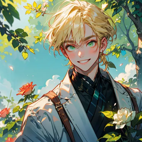 ((걸작:1.2, quality)), 4K, adult, 10,000, male, royal, nobility, is very tall,  bangs, short, straight, blond hair, green eyes, smile, face, portrait,  suit, garden, Sun light , spring, rose, blue sky, green tree,  colorful 