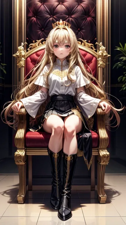 full body photo，All visible from head to toe，Golden Super Long Hair，hair accessories，Angry looking at the viewer，White Fit Shirt ，Black Skinny Skirt，black high boots，Princess Crown，Inside the Palace，sitting in a chair with tears flashing，Cross your legs，Br...