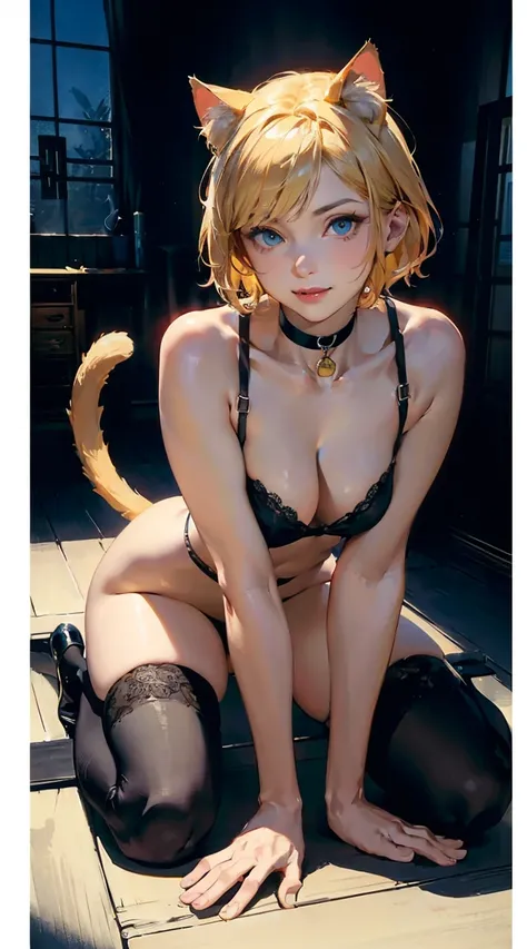 (from above:0.4),(1cat girl, solo,blonde very short hair, blue eyes, cat ears,cat's eyes,cat tail,choker with bell),( sexual arousal,breath),(seductive smile),(cute revealing costume, bottomless,thighhighs bootstale on crotch), (wariza,cat pose,seductive p...